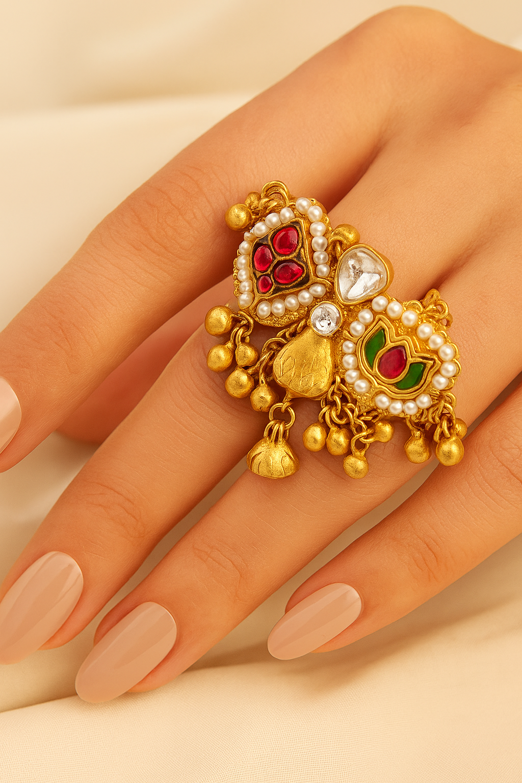 Lotus & Floral Kundan Adjustable Ring with Pearls & Ghungroo